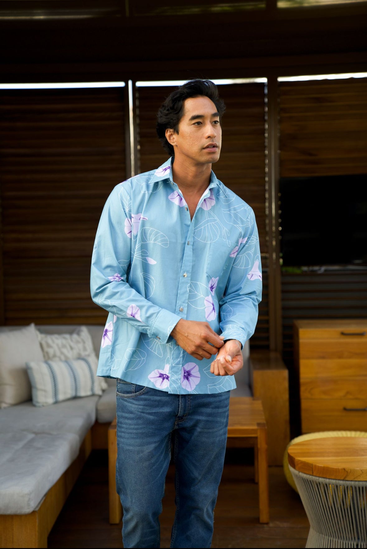 Longsleeve Aloha Shirt - Pōhuehue Light Blue (All Sales Final)