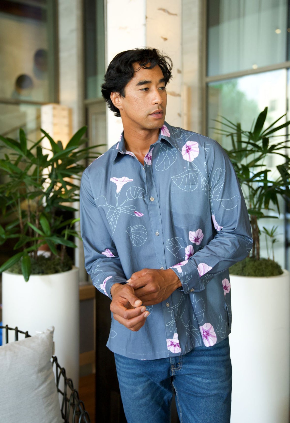 Longsleeve Aloha Shirt - Pōhuehue Charcoal (All Sales Final)