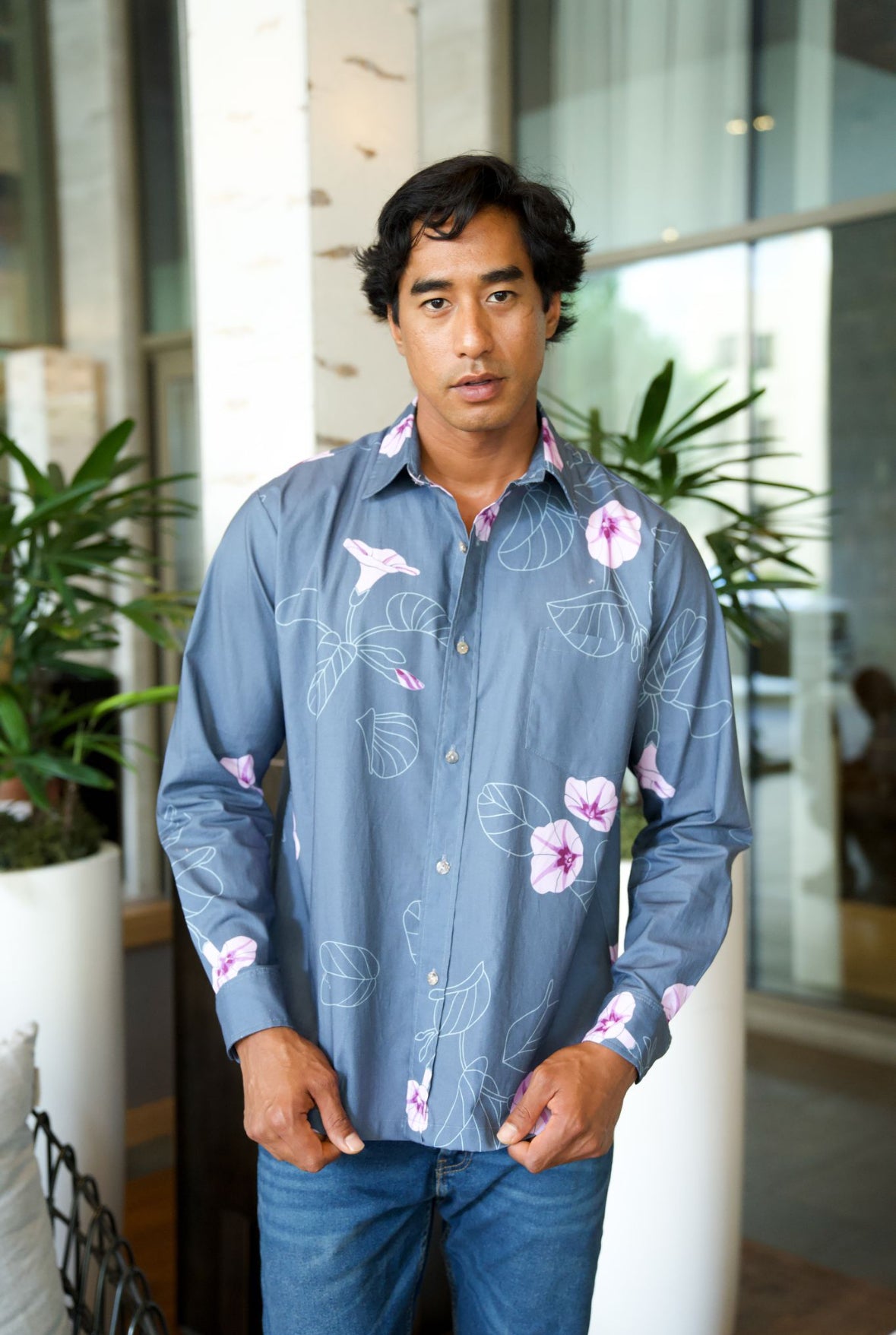 Longsleeve Aloha Shirt - Pōhuehue Charcoal (All Sales Final)