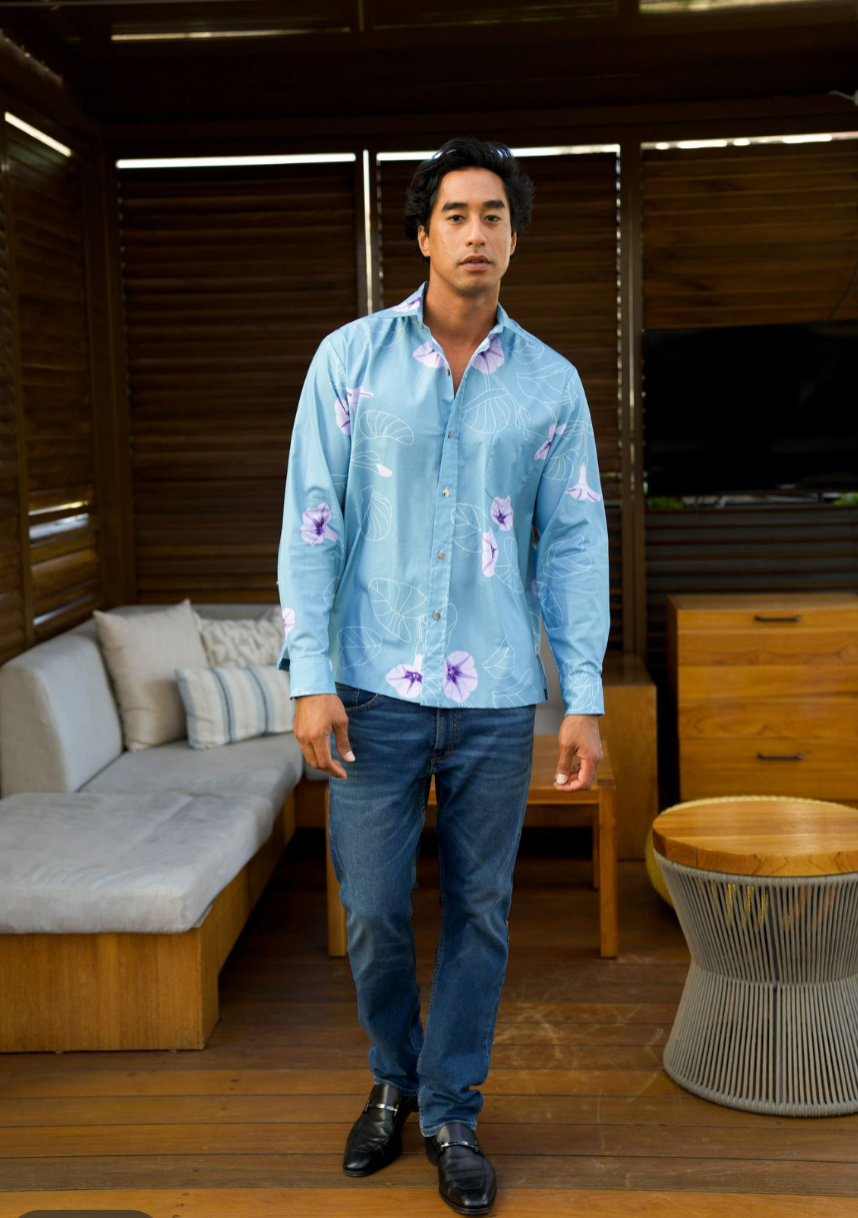 Longsleeve Aloha Shirt - Pōhuehue Light Blue (All Sales Final)